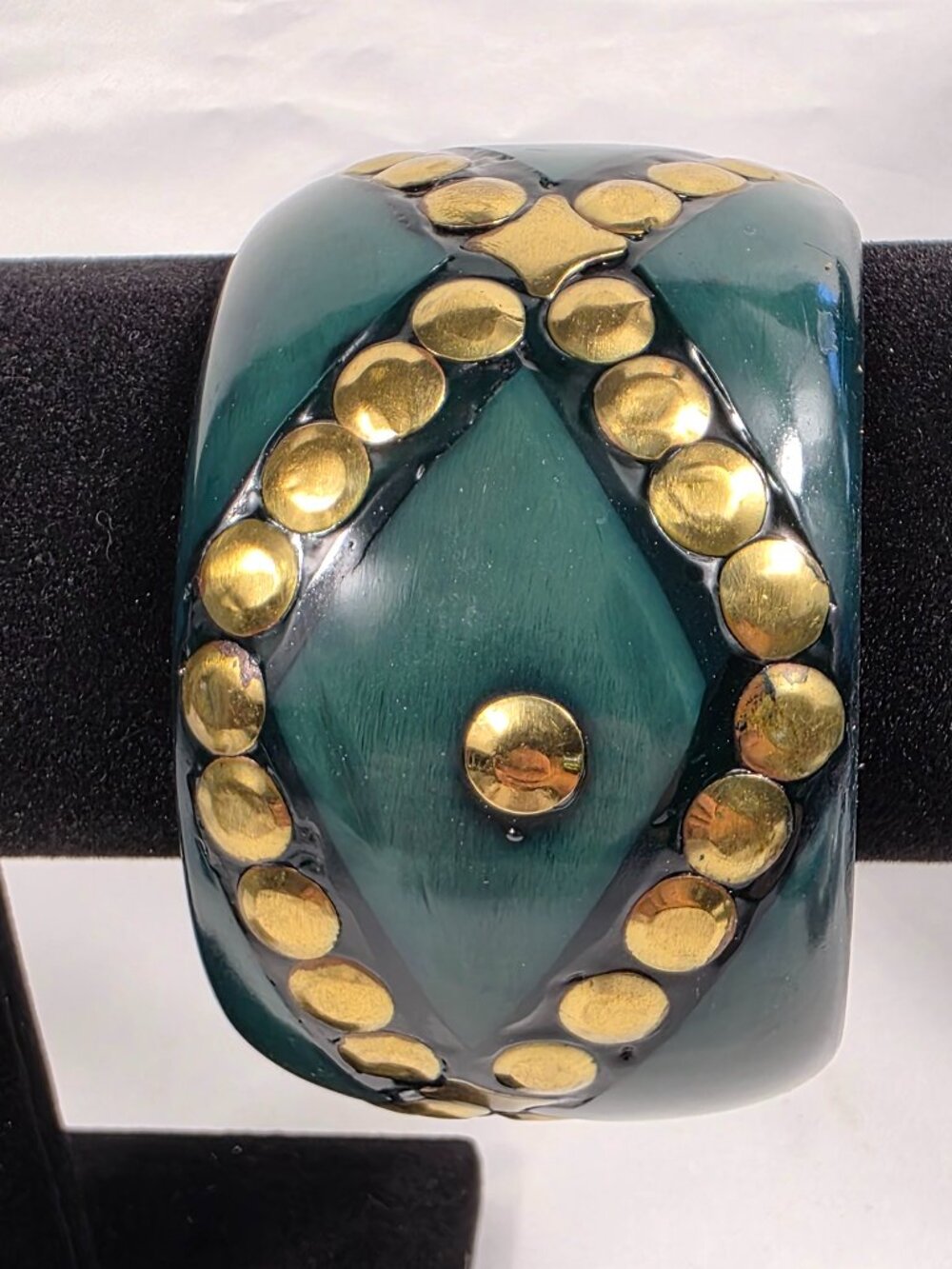 Wide Resin Cuff Bracelet Teal Green Gold Studded Chunky Statement Bangle